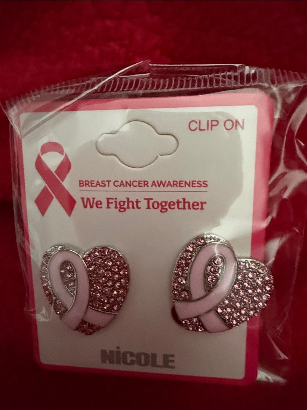 Breast, cancer awareness - Nicole Pink Ribbon Heart Clip-On Earrings